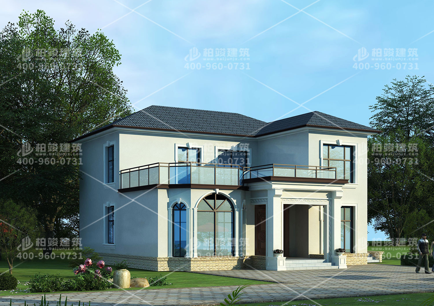 二层自建房效果图，带挑空客厅。