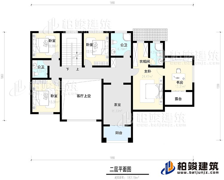 二层：4卧室，阳台，露台 ，衣帽间，书房，内卫，公卫 ，茶室