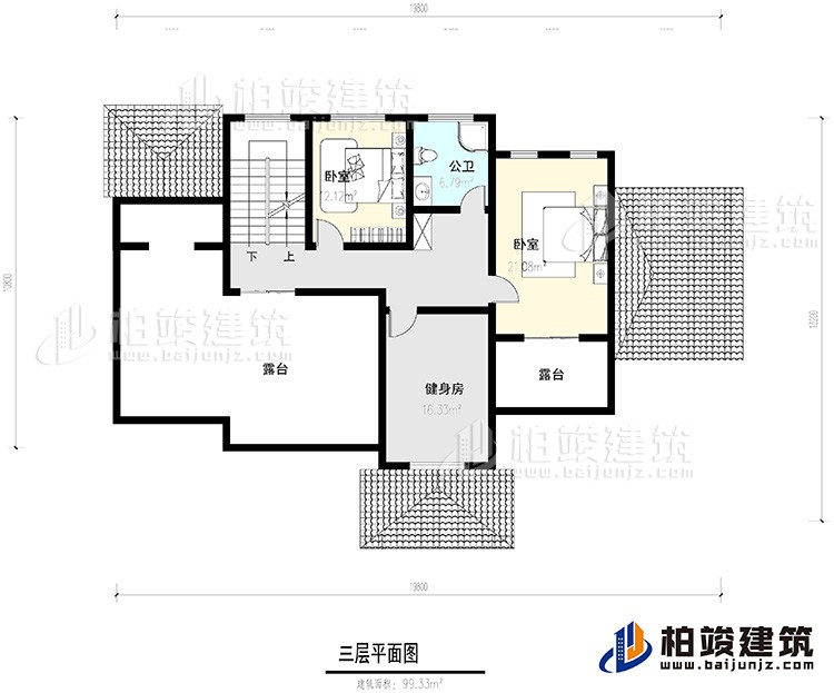 三层：2卧室，公卫，健身房，2露台。