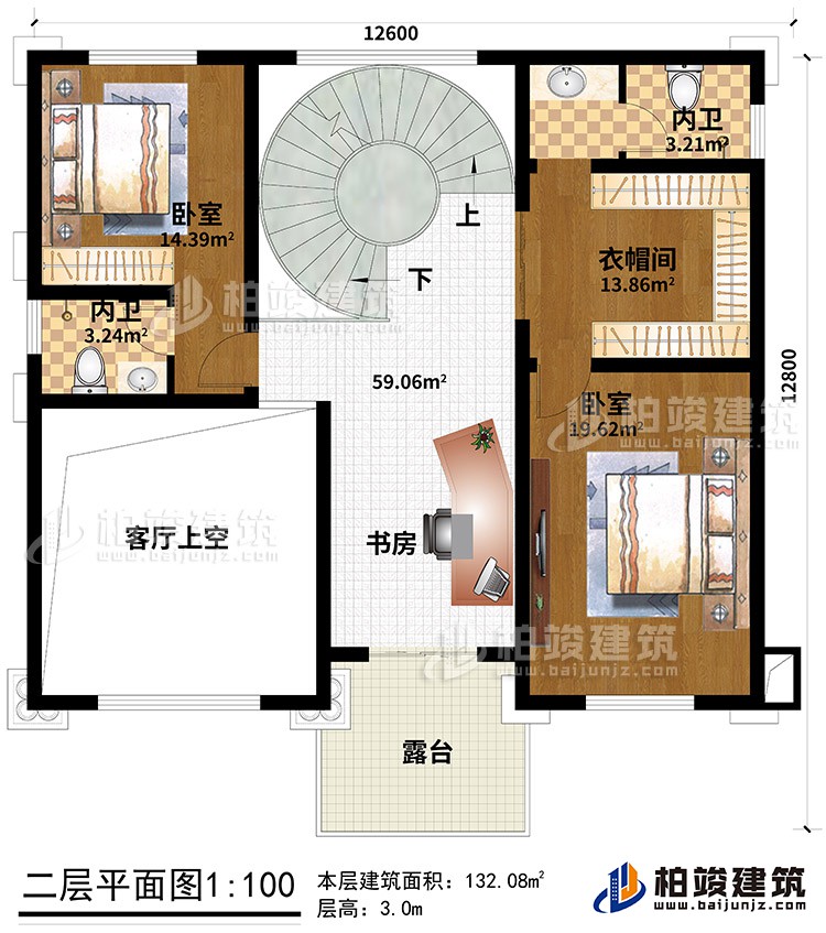 二层：2卧室、2内卫、衣帽间、书房、客厅中空、露台