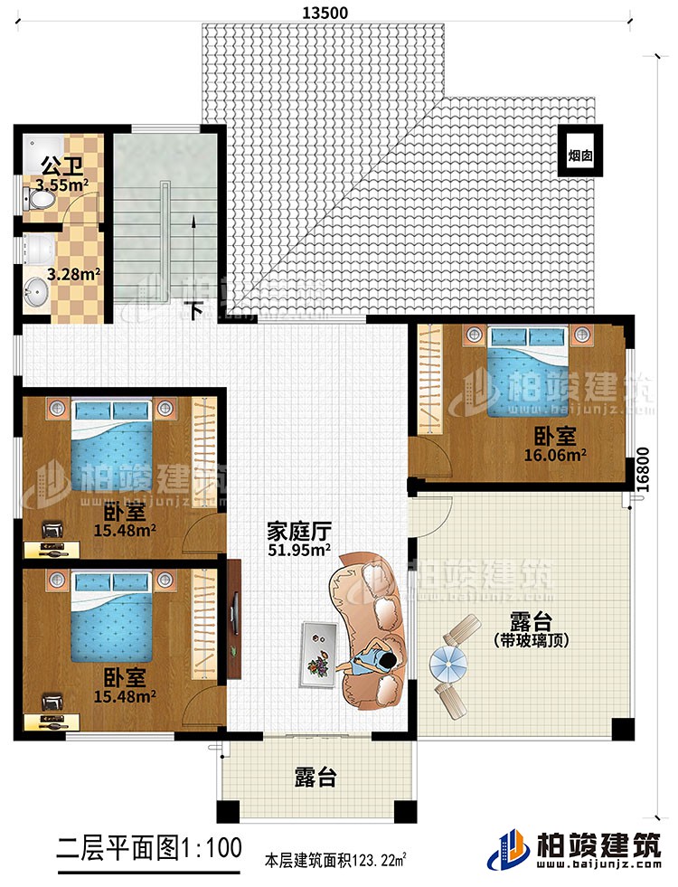 二层：3卧室，家庭厅，2露台，公卫。