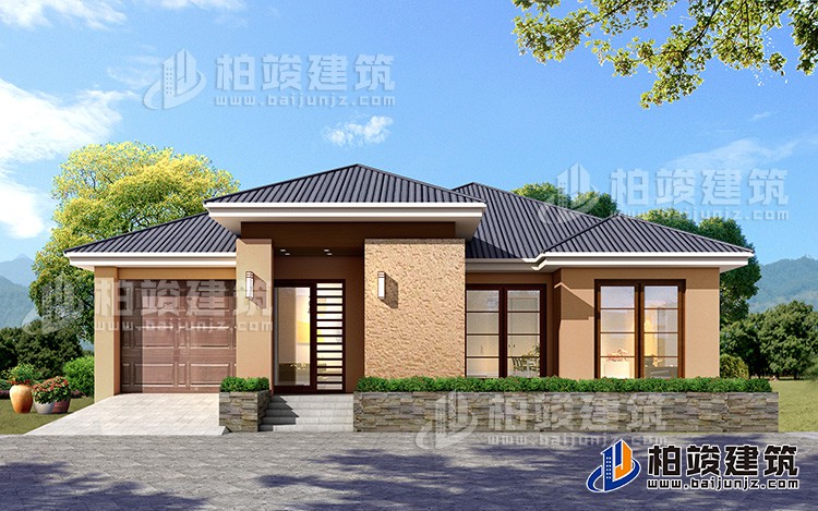 一层乡村别墅设计户型图，占地200平左右，外观很时尚BZ113-简欧风格