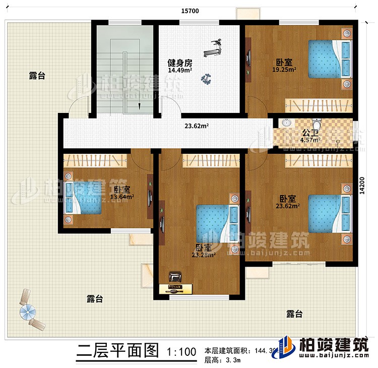 二层：4卧室，公卫，健身房，露台