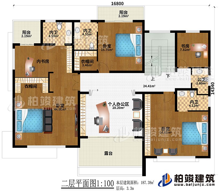 二层：3卧室、2衣帽间、3内卫、内书房、书房、个人办公区、公卫、2阳台、露台