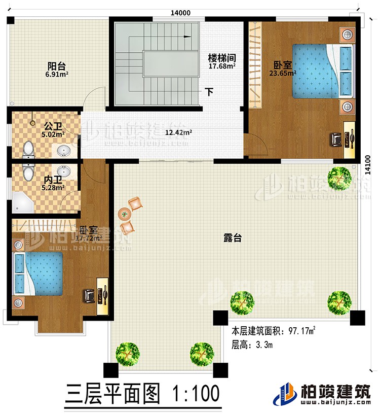 三层：2卧室、楼梯间、公卫、内卫、阳台、露台