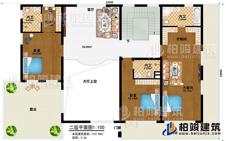 二层：客厅，大套间带内卫和衣帽间，单间带内卫，中套间带内卫和衣帽间，2露台，楼梯