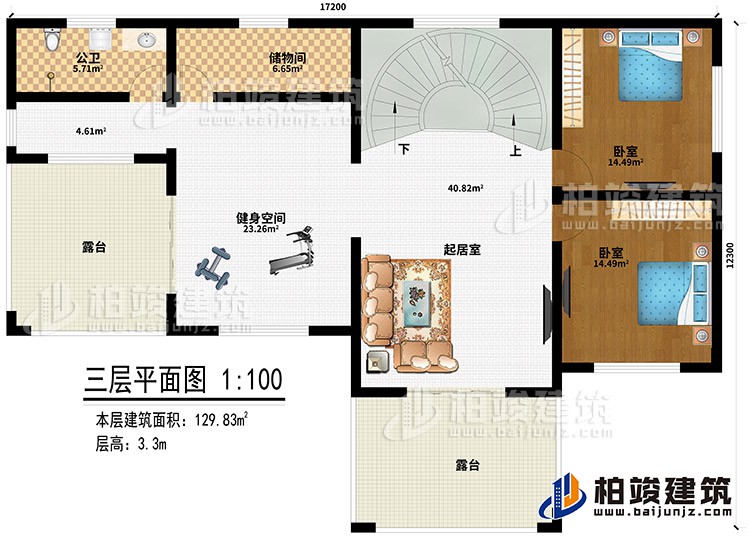 三层：起居室、储物间、公卫、健身空间、2卧室、2露台