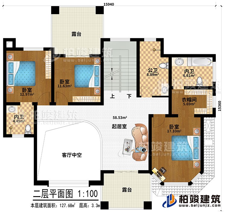 二层：客厅中空、起居室、公卫、2内卫、衣帽间、3卧室、2露台