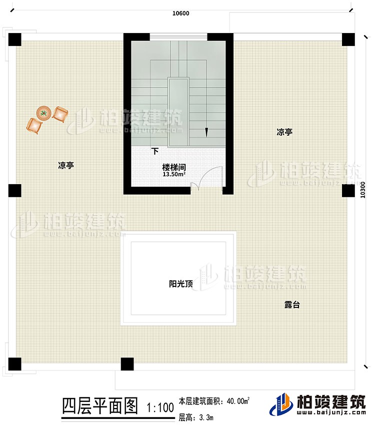 四层：楼梯间、2凉亭、露台、阳光顶