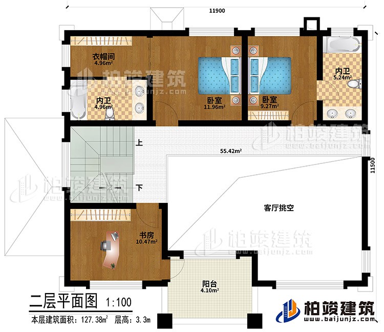 二层：客厅挑空、2卧室、衣帽间、书房、2内卫、阳台