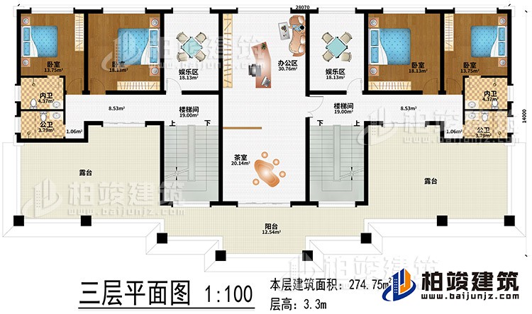 三层：办公区、茶室、2楼梯间、2娱乐区、4卧室、2公卫、2内卫、2露台