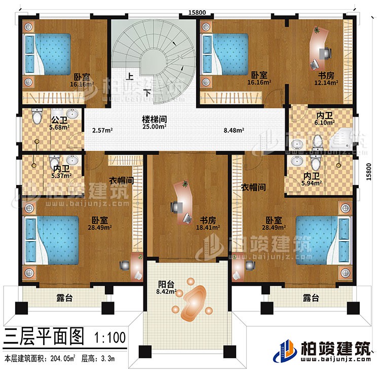 三层：楼梯间、4卧室、2衣帽间、2书房、公卫、3内卫、2露台、阳台
