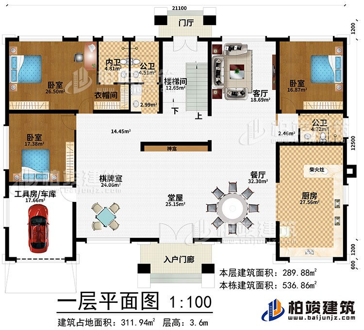 一层：入户门廊、门厅、堂屋、神龛、棋牌室、餐厅、厨房、客厅、楼梯间、工具房/车库、3卧室、衣帽间、内卫、2公卫
