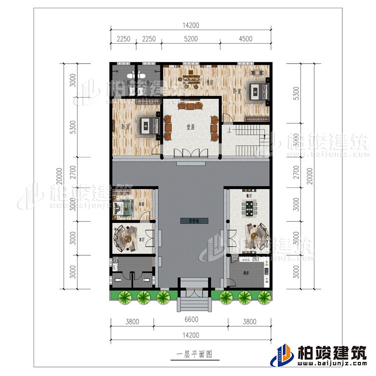 一层：厨房、2客厅、餐厅、公卫、3卧室、影壁墙、堂屋、书房、2内卫