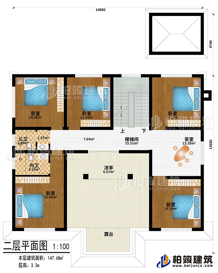二层：楼梯间、茶室、凉亭、5卧室、公卫、内卫、露台