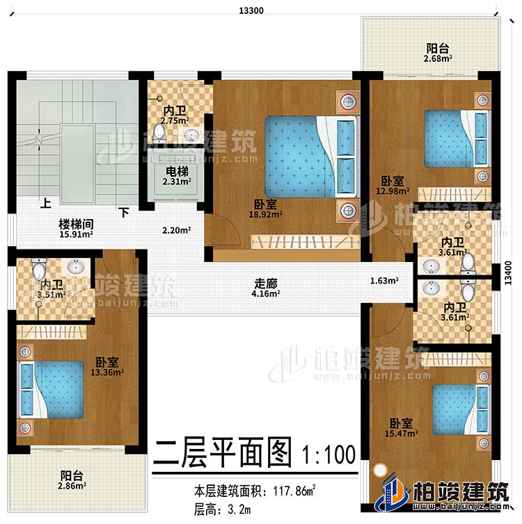 二层：走廊、4卧室、4内卫、2阳台、楼梯间、电梯