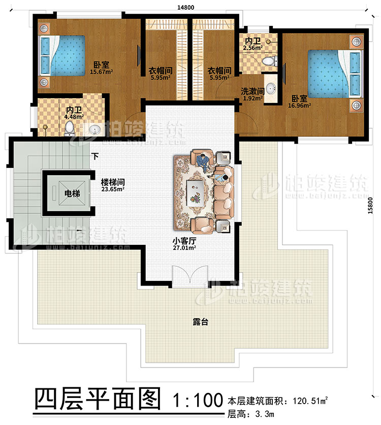 四层：2卧室、2衣帽间、2内卫、楼梯间、电梯、小客厅、露台