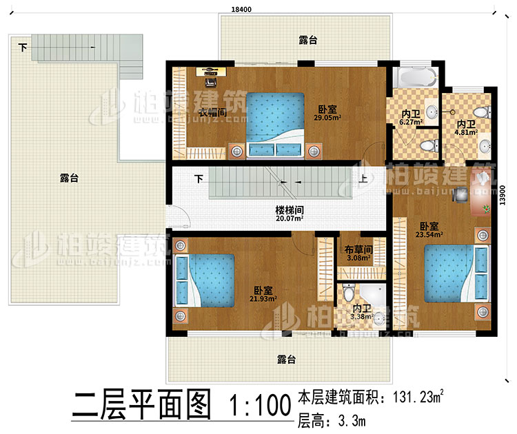 二层：楼梯间、3卧室、衣帽间、布草间、3内卫、3露台