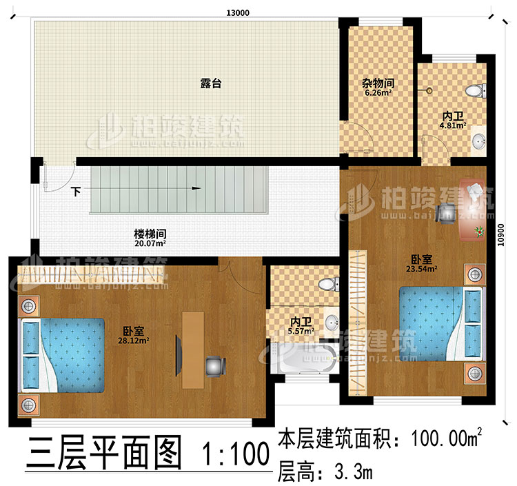三层：2卧室、楼梯间、露台、2内卫、杂物间
