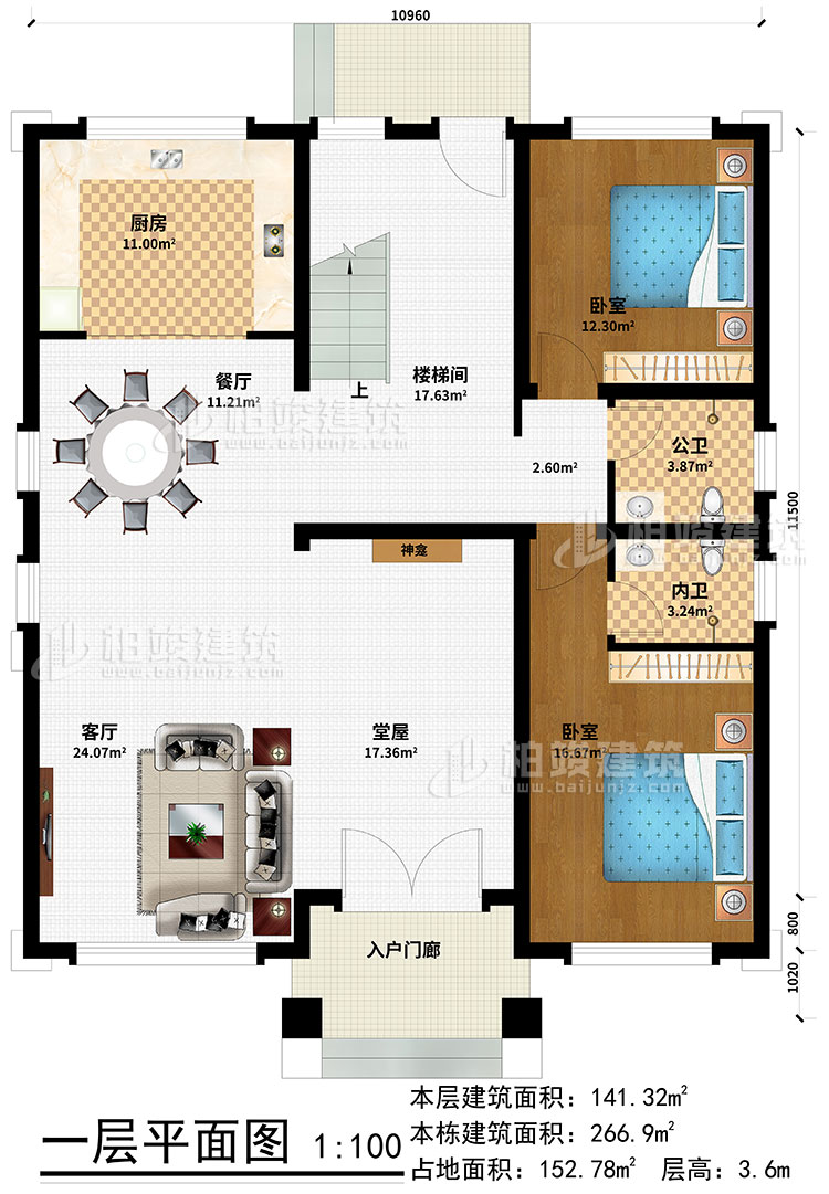 一层：入户门廊、堂屋、神龛、客厅、餐厅、厨房、楼梯间、卧室、公卫、内卫