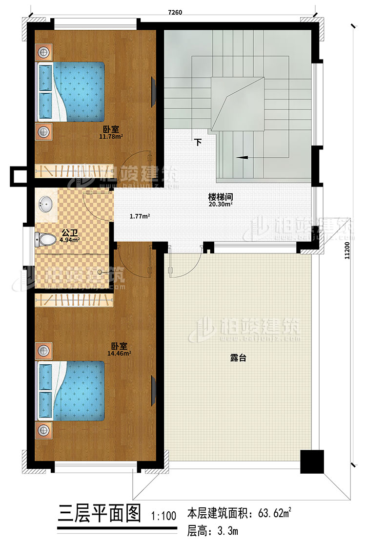 三层：2卧室、楼梯间、公卫、露台