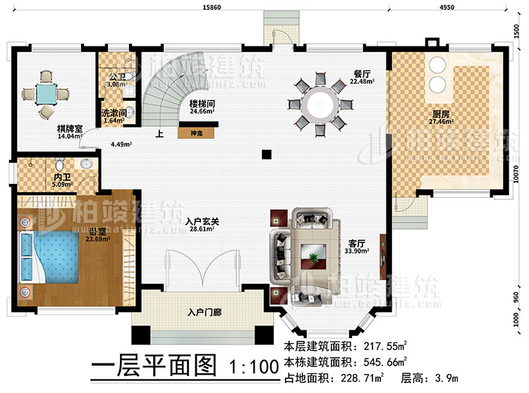 一层：楼梯间、3卧室、衣帽间、公卫、内卫、阳光房、凉亭、2露台