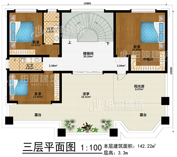 三层：楼梯间、3卧室、衣帽间、公卫、内卫、阳光房、凉亭、2露台