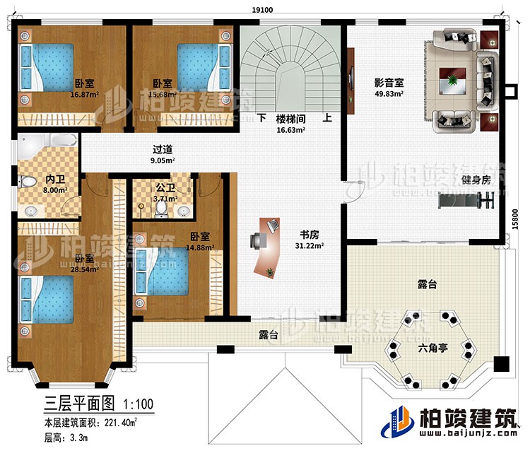 三层：楼梯间、书房、过道、4卧室、公卫、内卫、影音室、健身房、2露台、六角亭