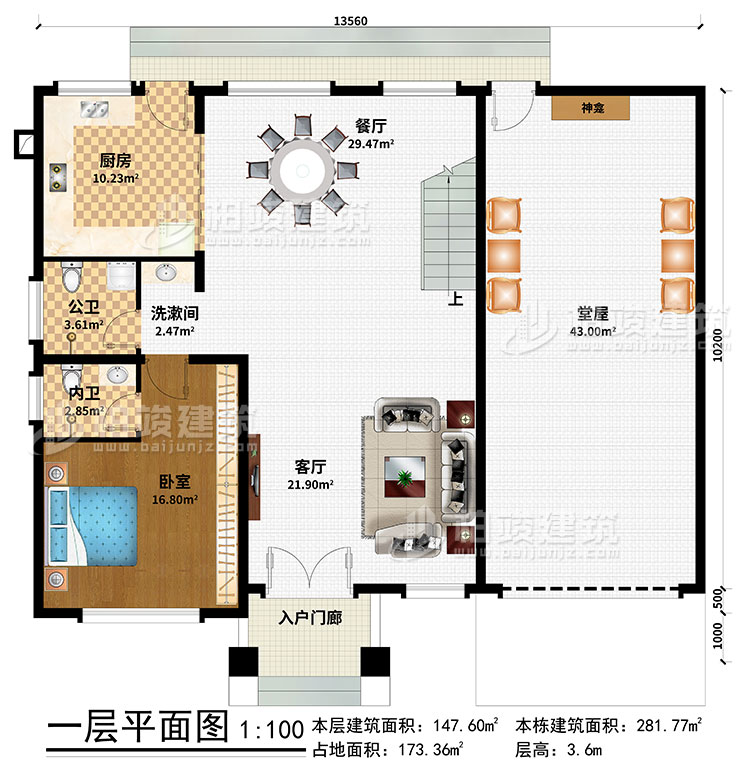 一层：入户门廊、堂屋、神龛、餐厅、厨房、卧室、洗漱间、公卫、内卫