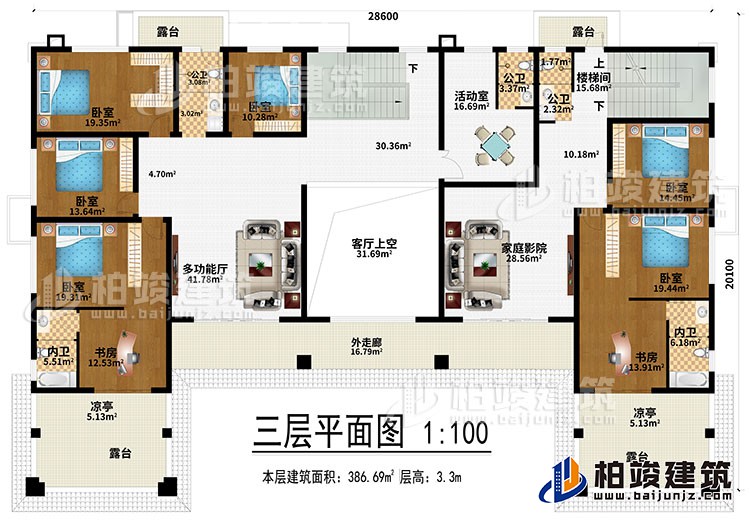 三层：多功能厅、客厅上空、家庭影院、6卧室、2书房、活动室、3公卫、2内卫、4露台、2凉亭、外走廊、楼梯间