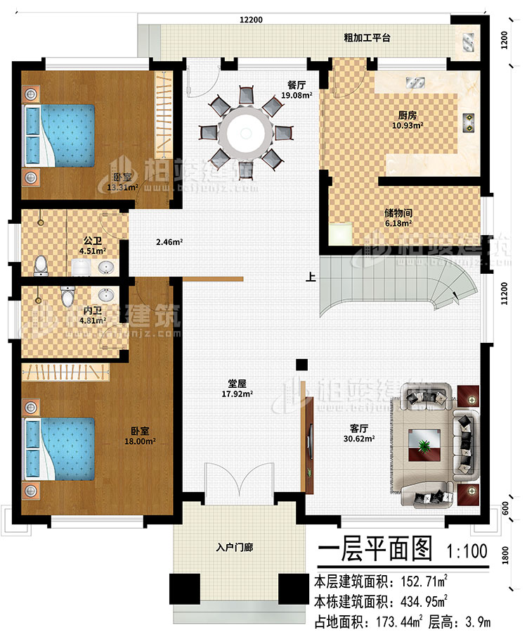 一层：入户门廊、堂屋、客厅、餐厅、厨房、储物间、2卧室、公卫、内卫、粗加工平台