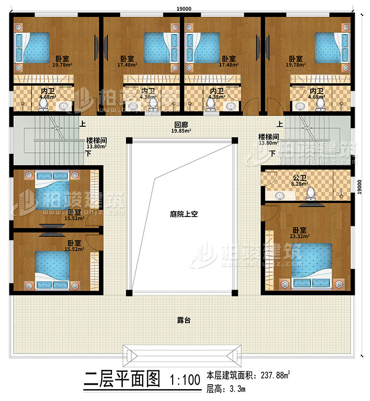 二层：回廊、露台、庭院上空、2楼梯间、7卧室、4内卫、公卫