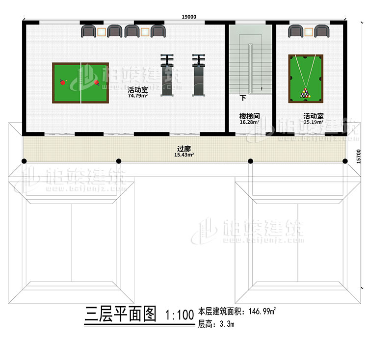 三层：2活动室、楼梯间、过廊