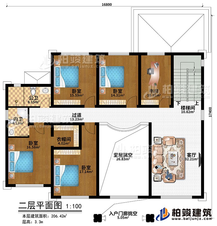 二层：楼梯间、客厅、堂屋挑空、入户门廊挑空、4卧室、衣帽间、书房、公卫、内卫