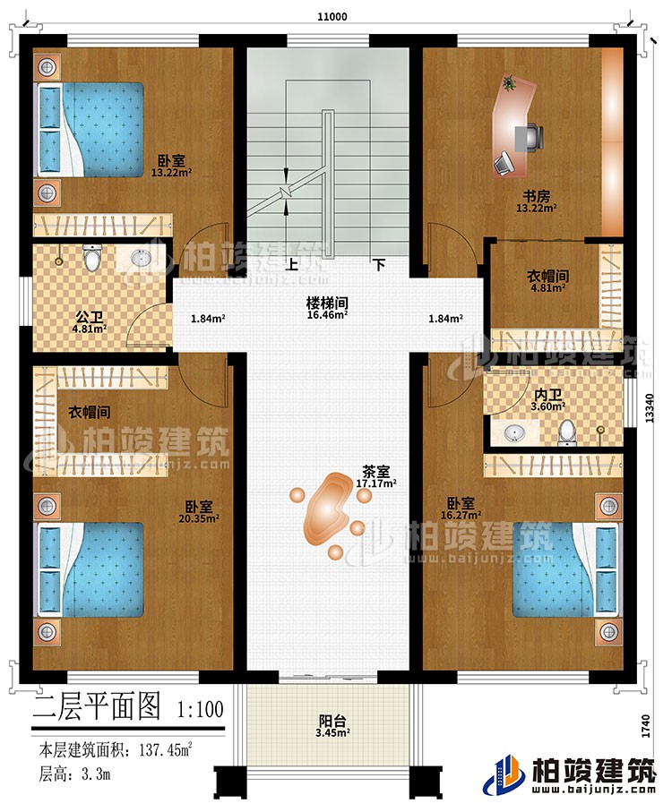 二层：楼梯间、3卧室、2衣帽间、书房、茶室、公卫、内卫、阳台