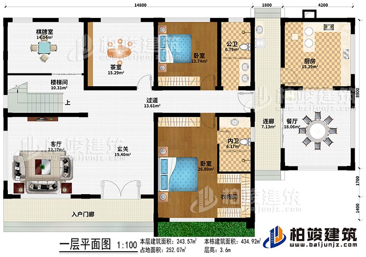 一层：入户门廊、客厅、玄关、楼梯间、过道、棋牌室、茶室、餐厅、厨房、2卧室、衣帽间、公卫、内卫、连廊